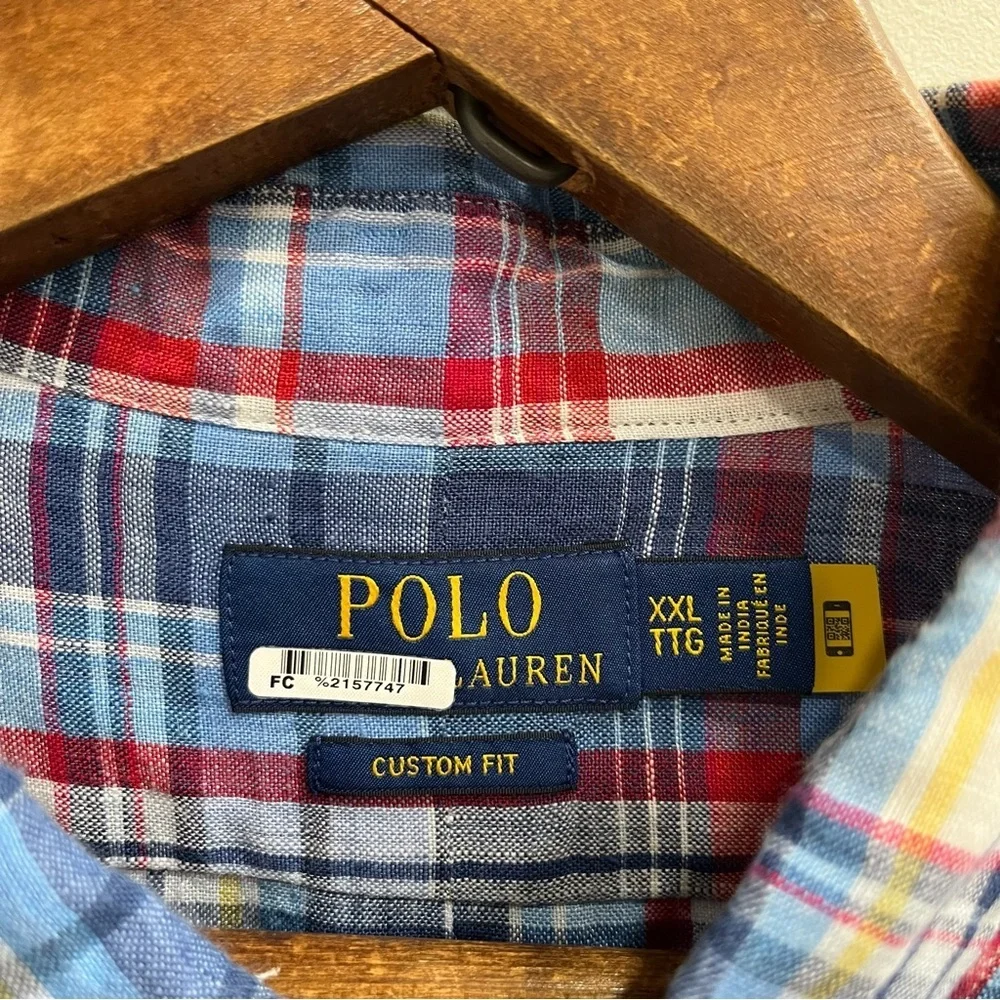 Polo Ralph Lauren 100% Linen Men’s Blue Red Plaid Long Sleeve Button Down XXL